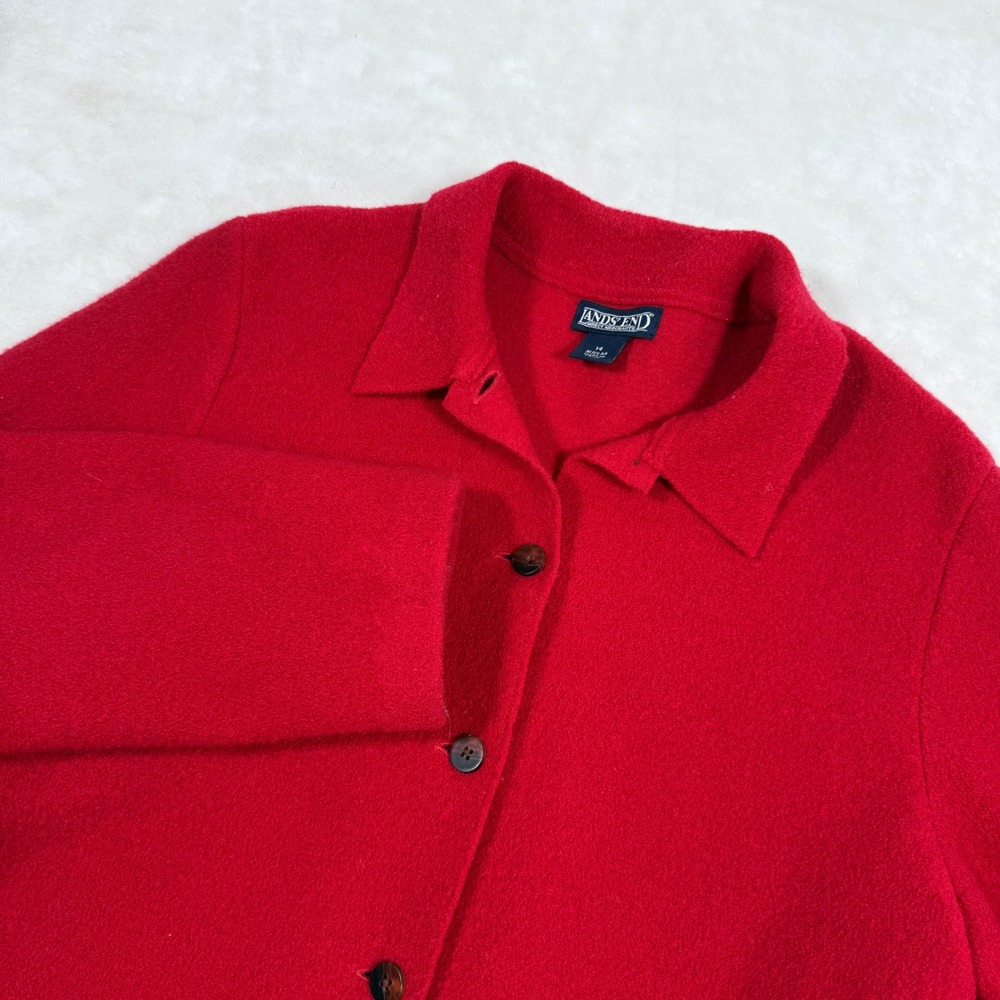 Lands End Red Wool Button Front Collared Jacket Women Size Medium